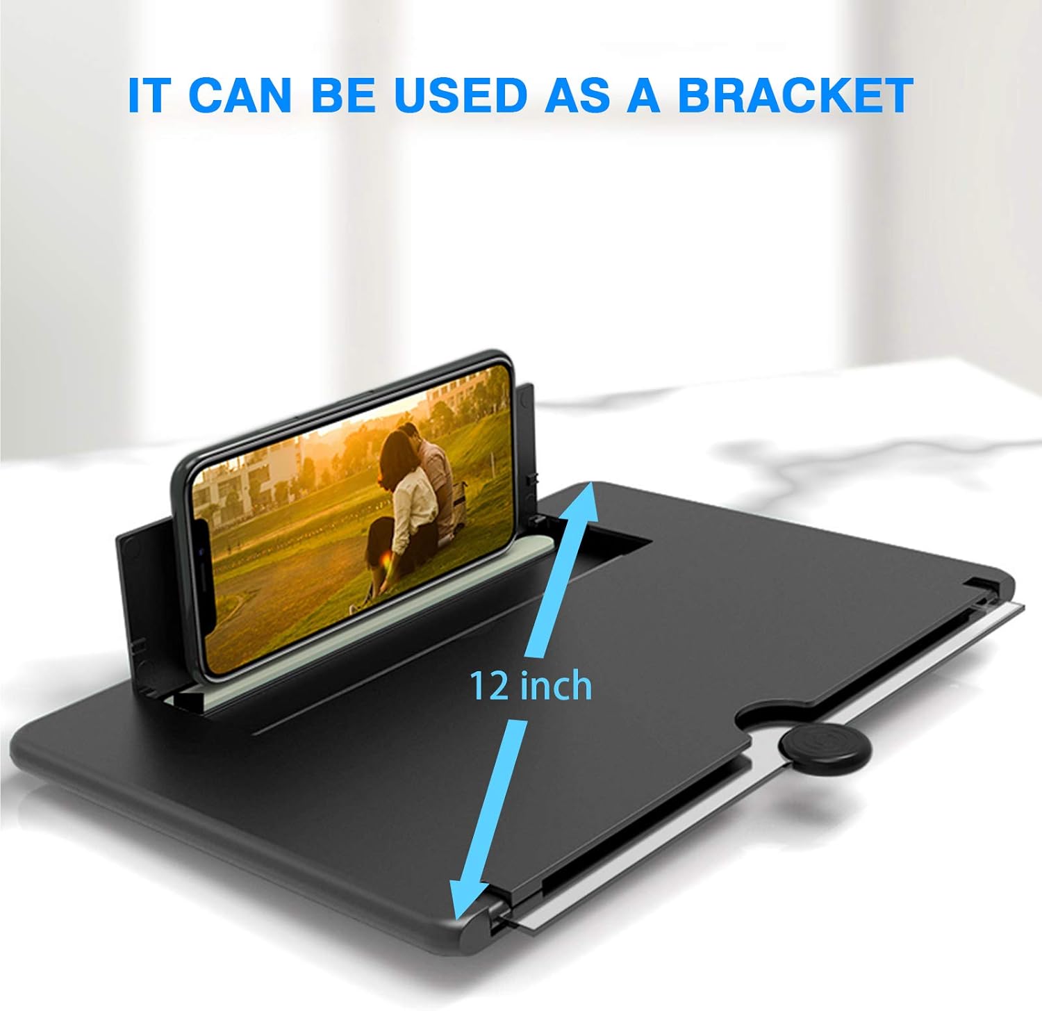Phone holder with a bracket feature, showing a phone screen and labeled dimensions.