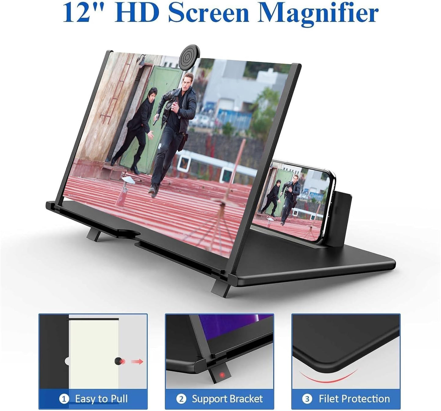 12" HD Screen Magnifier with smartphone display on a white background