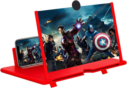 Red phone stand displaying superhero movie scene with smartphone