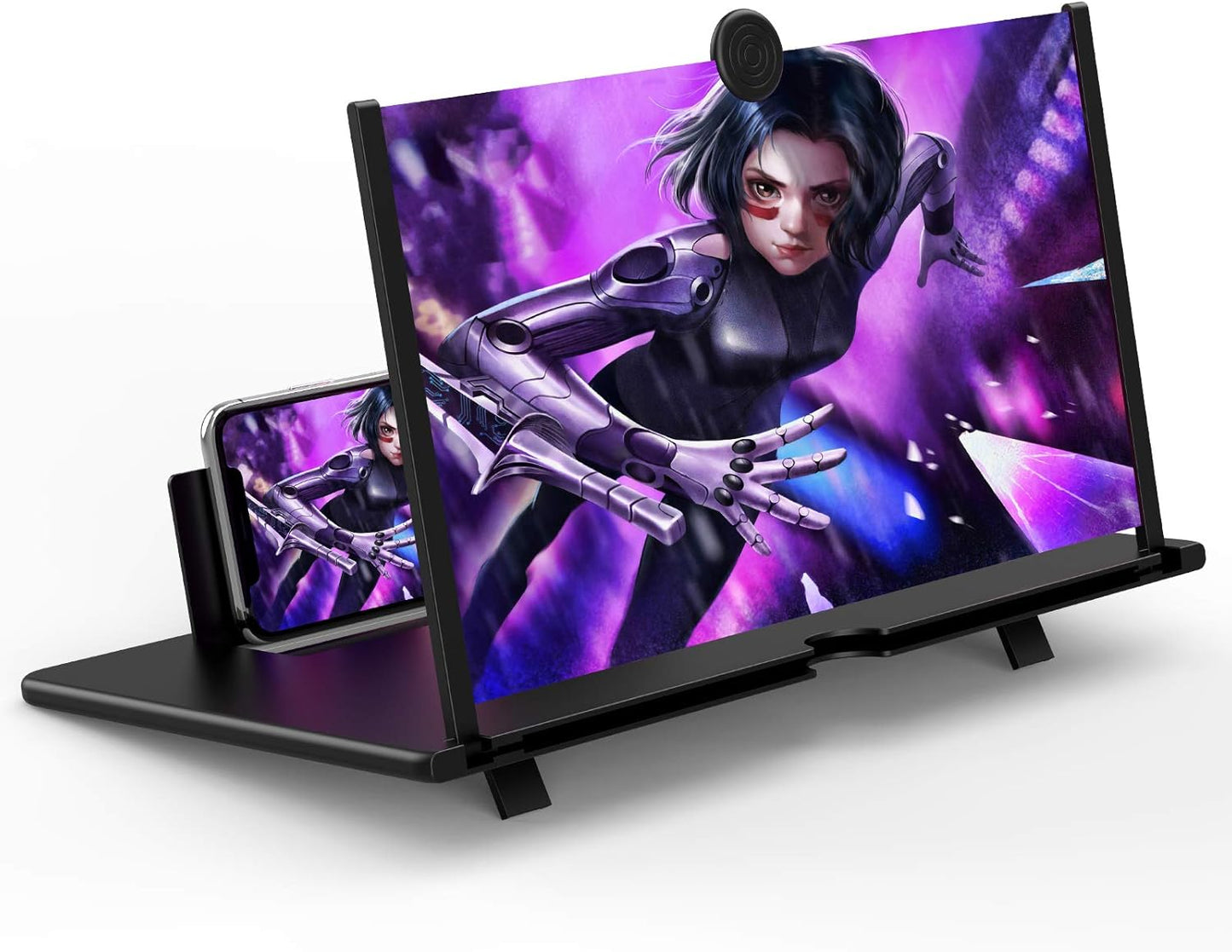 Phone screen magnifier displaying a character on a white background