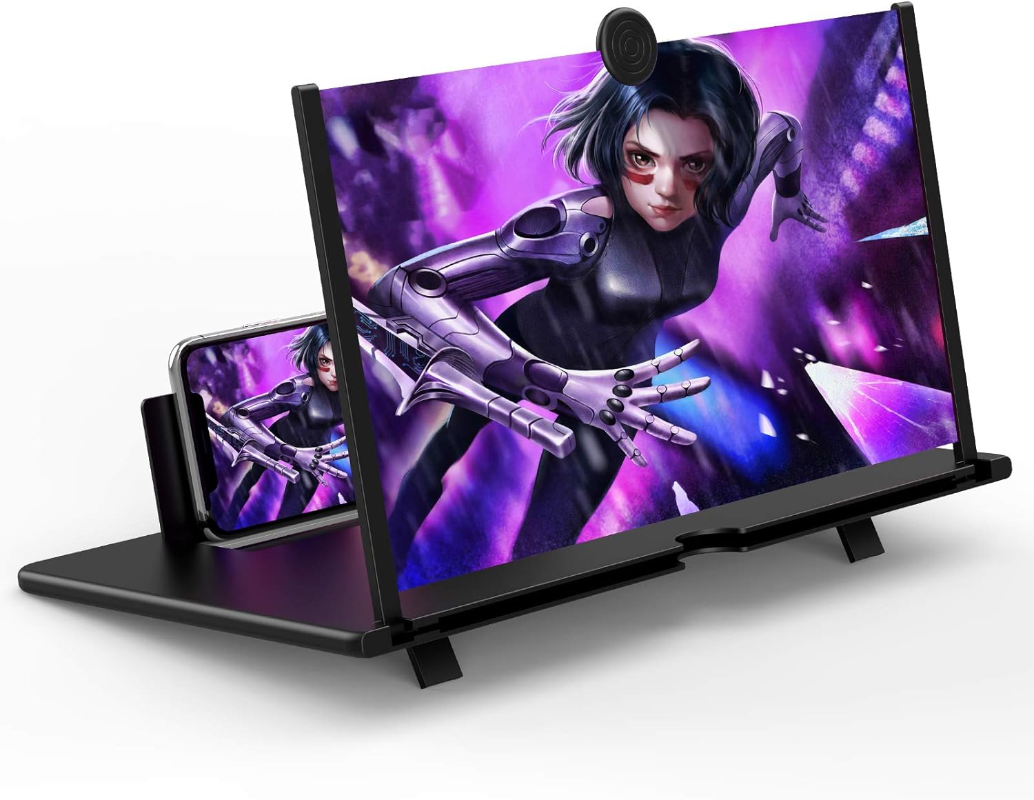 Phone screen magnifier displaying a character on a white background